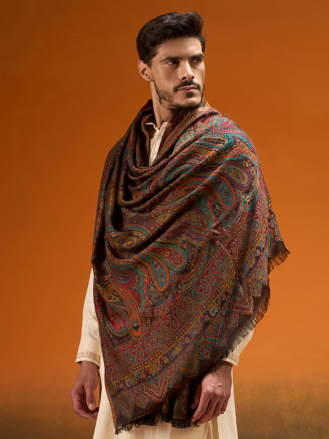 Pashmoda Men Grand Paisley Kaani Shawl, Authentic Kashmiri Pashmina Style Wrap, Medium Gents Lohi, Traditional Jamawar Woven Design, Gift Box Packed, Black Colour (40 x 80 Inches)