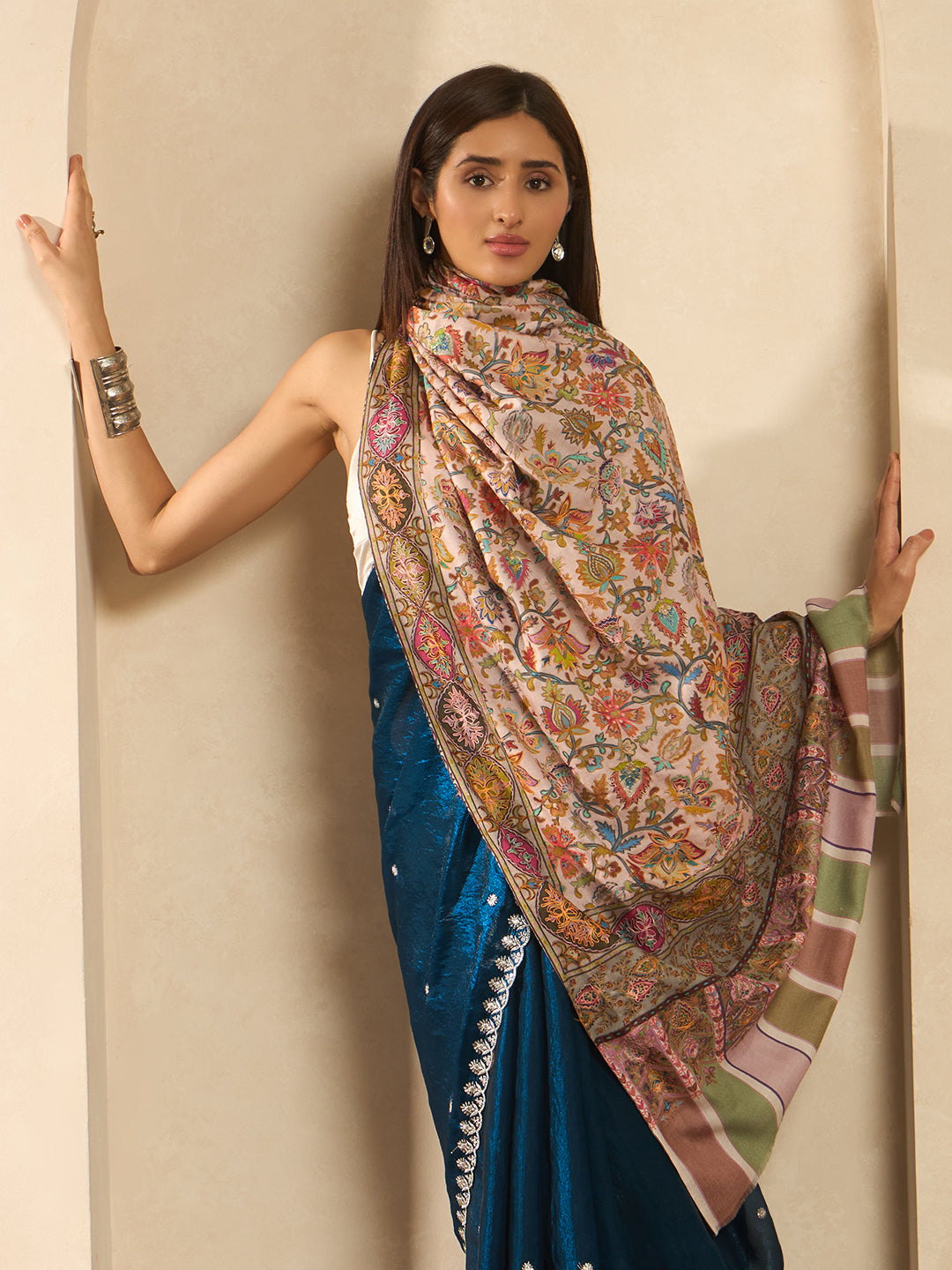 Women Firdaus Fine Wool Fabric Kalamkari Embroidered Shawl