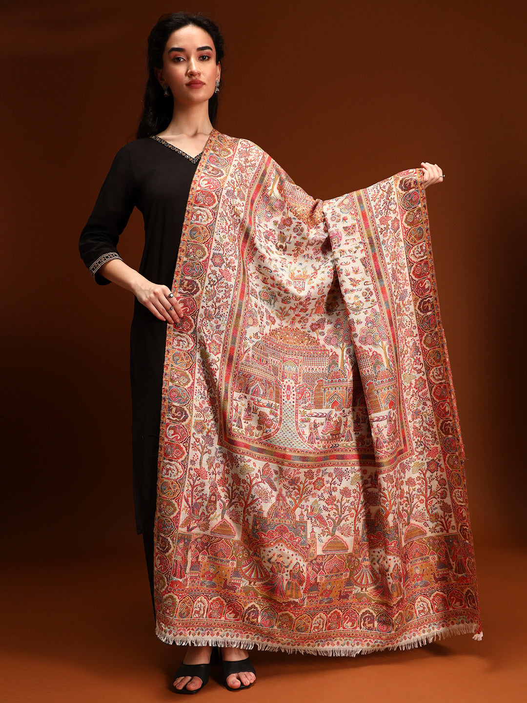 Pashmoda Women Shahi Manzar Kaani Wool Blend Kashmiri Shawl, Stole, Scarf | Luxury Pashmina Jamawar Soft Warm Evening Wrap (Size 40X80 inches )