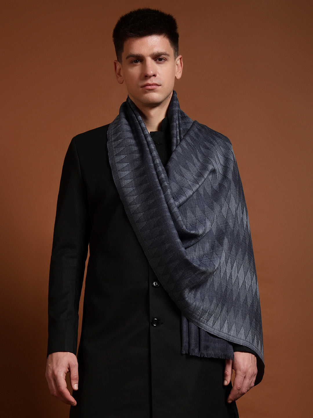 Pashmoda Men 100% Pure Wool Checkered Ikat Stole, Natural & Sustainable Shawl Wrap, Heritage Kashmiri Pashmina Style, Blue Colour (28 x 80 Inches)