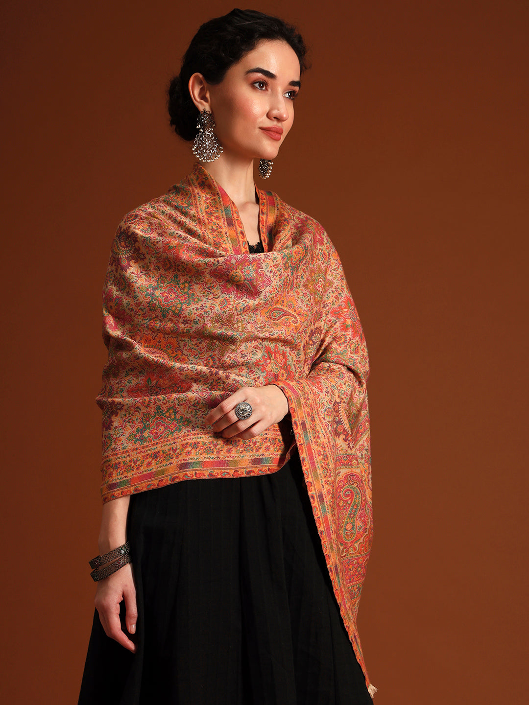 Pashmoda Imperial Shahkaar Gulistan kaani stole Stole for Women, Wool Blend Pashmina Style Shawl Wrap, Traditional Kashmiri Jamawar Woven Design, Luxury Evening & Festive Scarf (28 x 80 Inches)