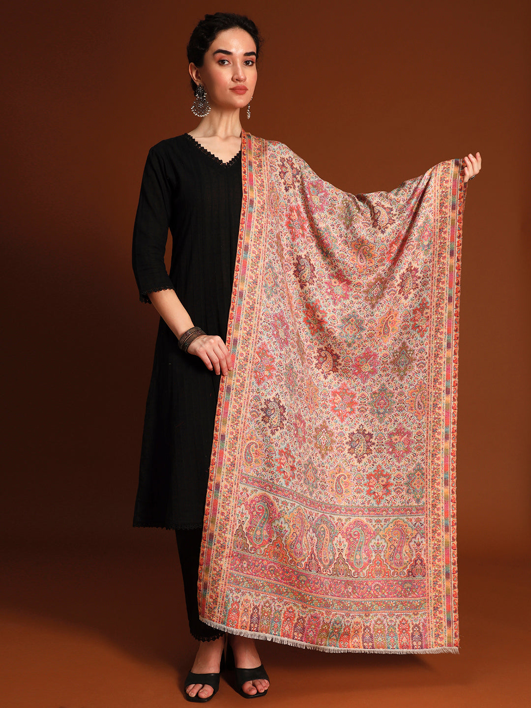 Pashmoda Imperial Shahkaar Gulistan kaani stole Stole for Women, Wool Blend Pashmina Style Shawl Wrap, Traditional Kashmiri Jamawar Woven Design, Luxury Evening & Festive Scarf (28 x 80 Inches)