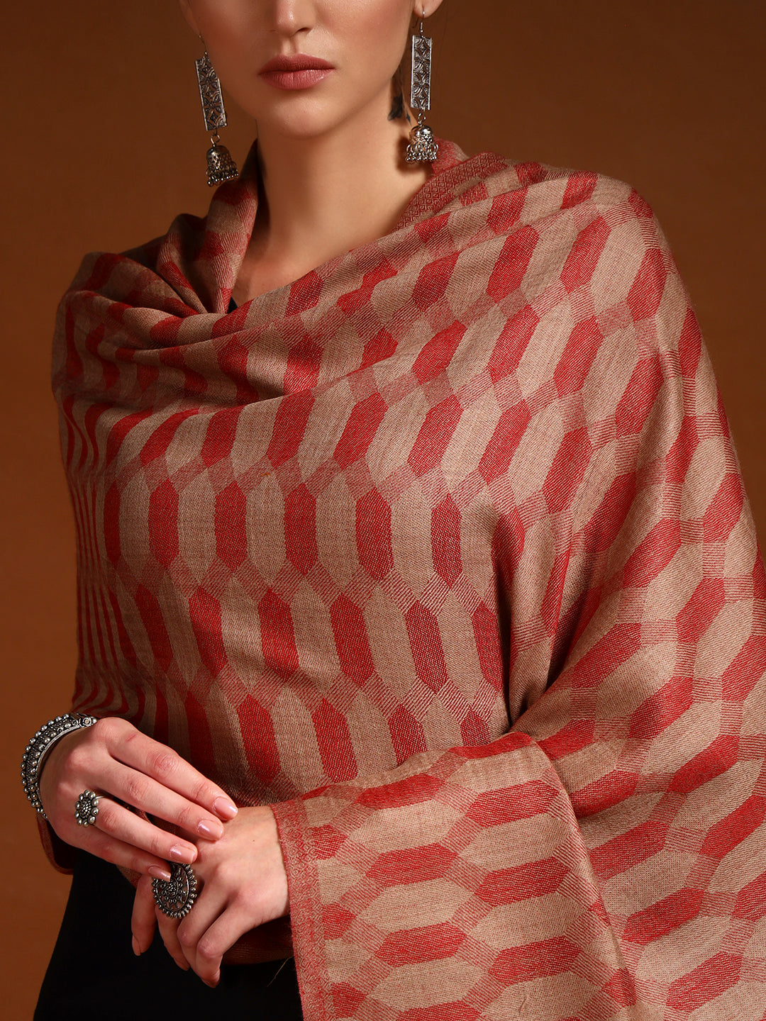 Women 100% Pure Wool Checkered Stole, Sustainable and Natural Fabric (Size 71x203 CM)