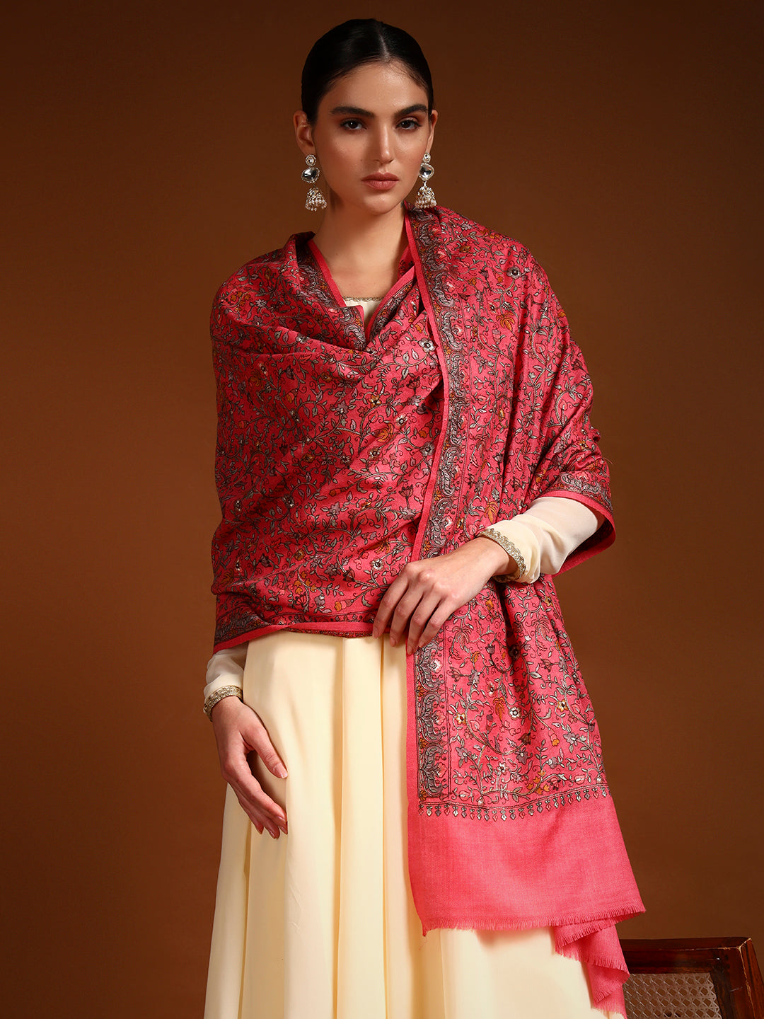 Pashmoda Women Shabnum 100% Pure Wool Sozni Hand Embroidered Stole (Size-71 × 203 cm)