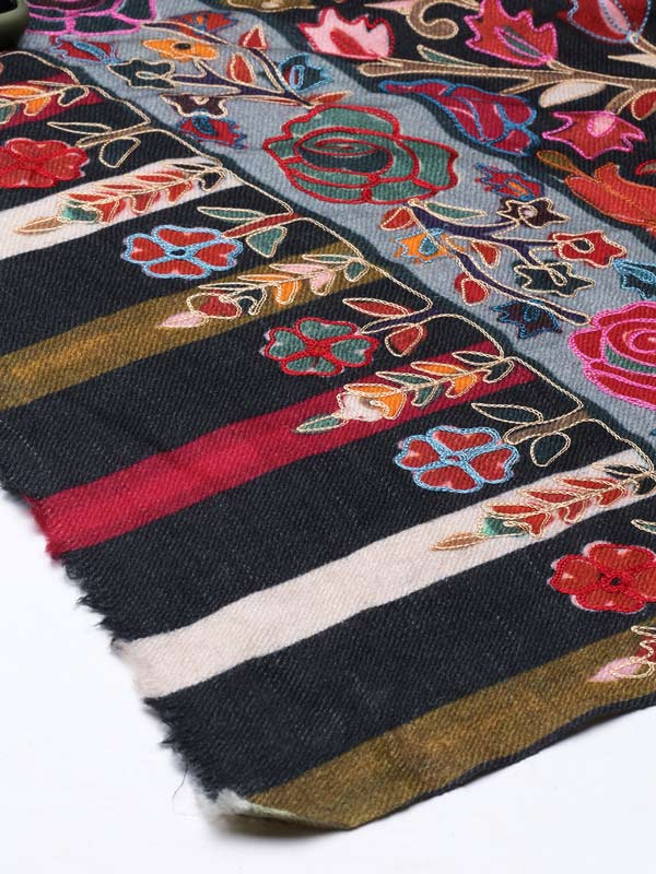 Women's Gul-E-Mehar 100% Pure Wool Kalamkari Hand Embroidered Stole (Size : 71X203 CM)