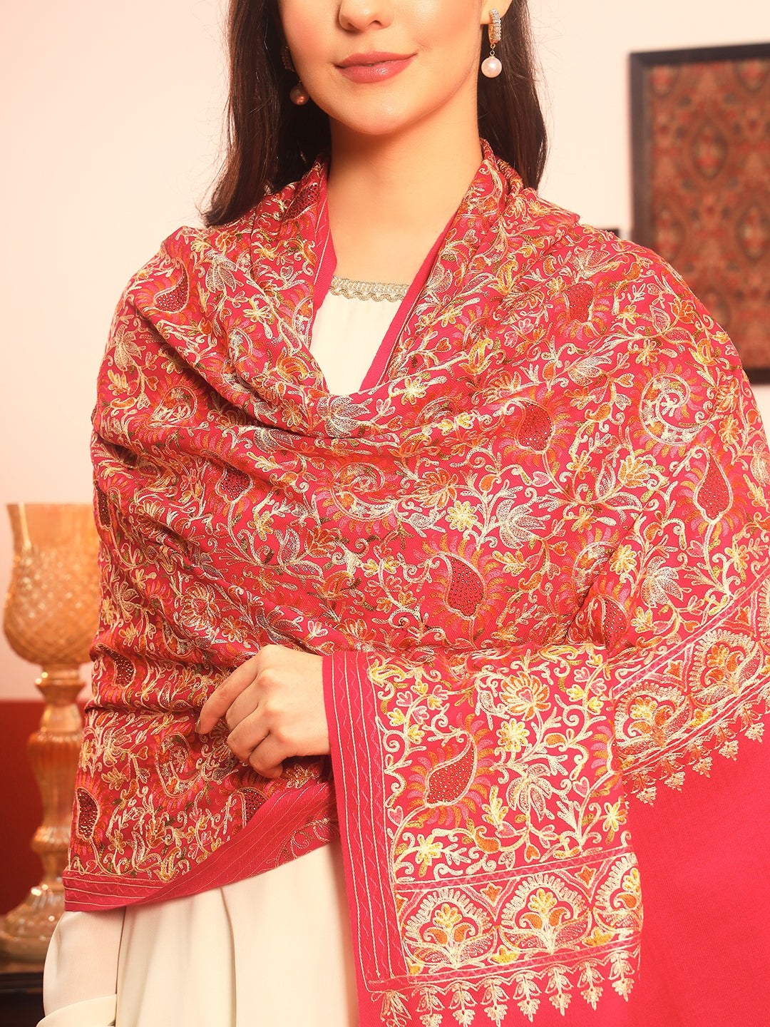 Pashmoda Women Ruhani Fine Wool Nalki Hand Embroidered Shawl (Size: 101x203 Cm)