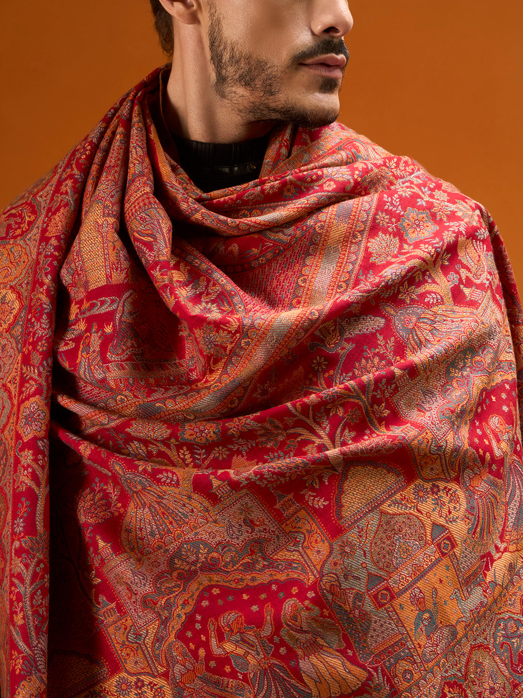Pashmoda Men Shahi Manzar Fine Wool Kaani Shawl, Authentic Kashmiri Pashmina Style Wrap, Medium Gents Lohi, Traditional Jamawar Woven Design, Gift Box Packed, Maroon Colour (40 x 80 Inches)