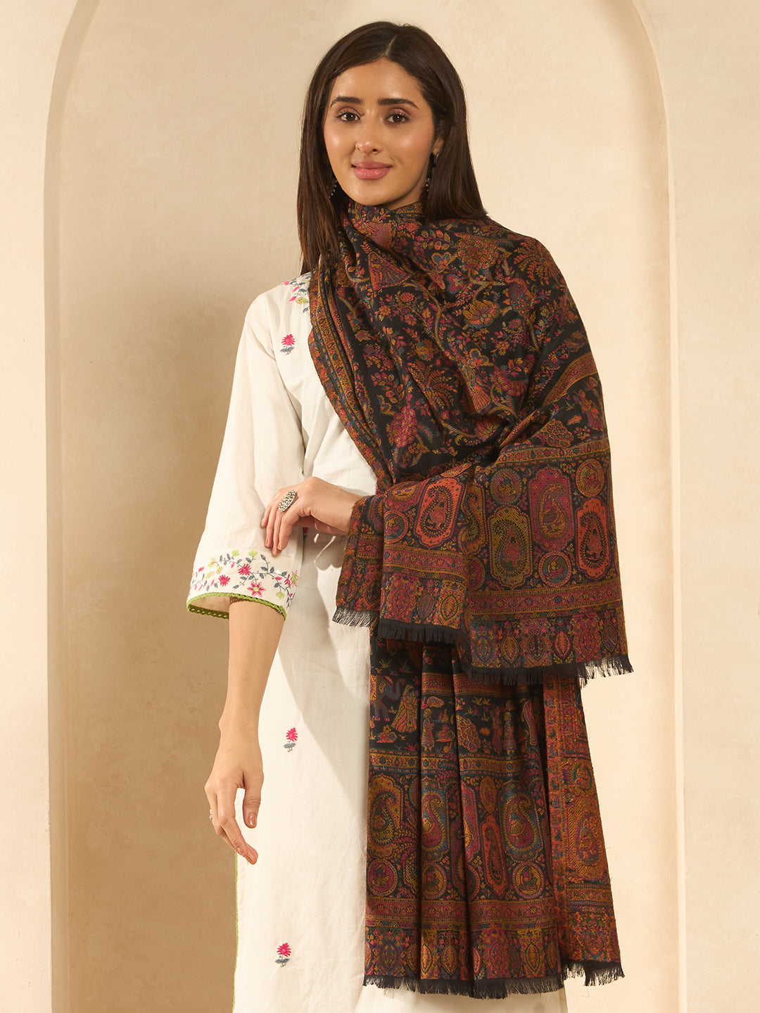 Pashmoda Women Orchard Kaani Wool Blend Kashmiri Shawl, Stole, Scarf | Luxury Pashmina Jamawar Soft Warm Evening Wrap (Size 40X80 inches )
