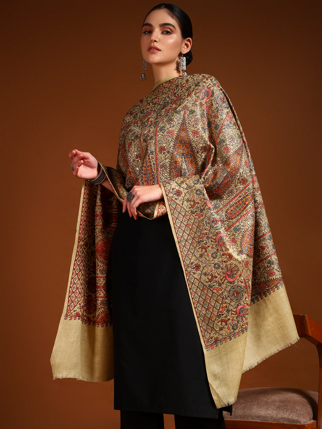 Pashmoda Women Nafeesah 100% Pure Wool Sozni Hand Embroidered Stole (Size-71x203cm)