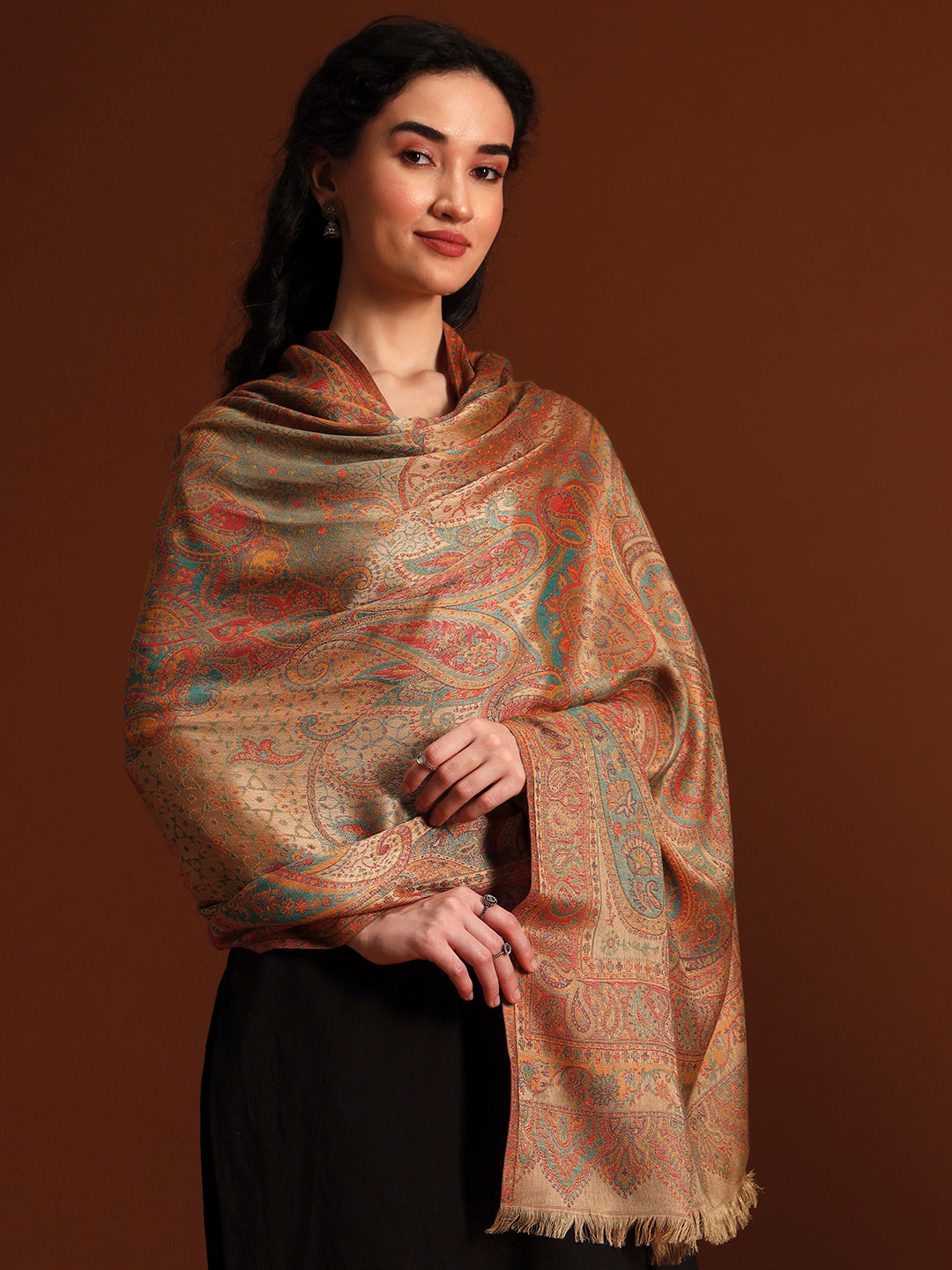 Pashmoda Women Grand Paisley Kaani Wool Blend Kashmiri Shawl, Stole, Scarf | Luxury Pashmina Jamawar Soft Warm Evening Wrap (Size 40X80 inches )