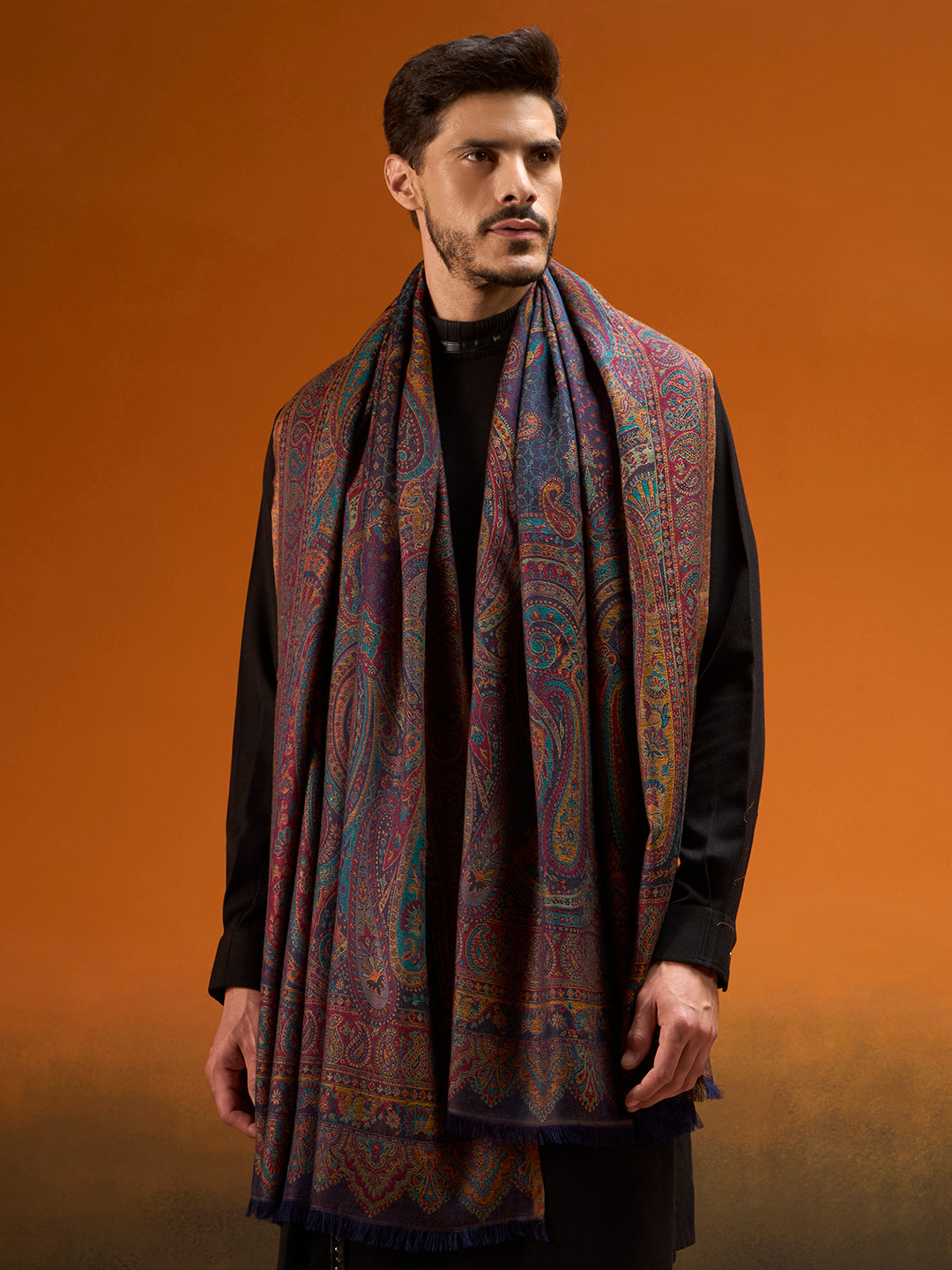 Pashmoda Men Grand Paisley Kaani Shawl, Authentic Kashmiri Pashmina Style Wrap, Medium Gents Lohi, Traditional Jamawar Woven Design, Gift Box Packed, Navyblue Colour (40 x 80 Inches)
