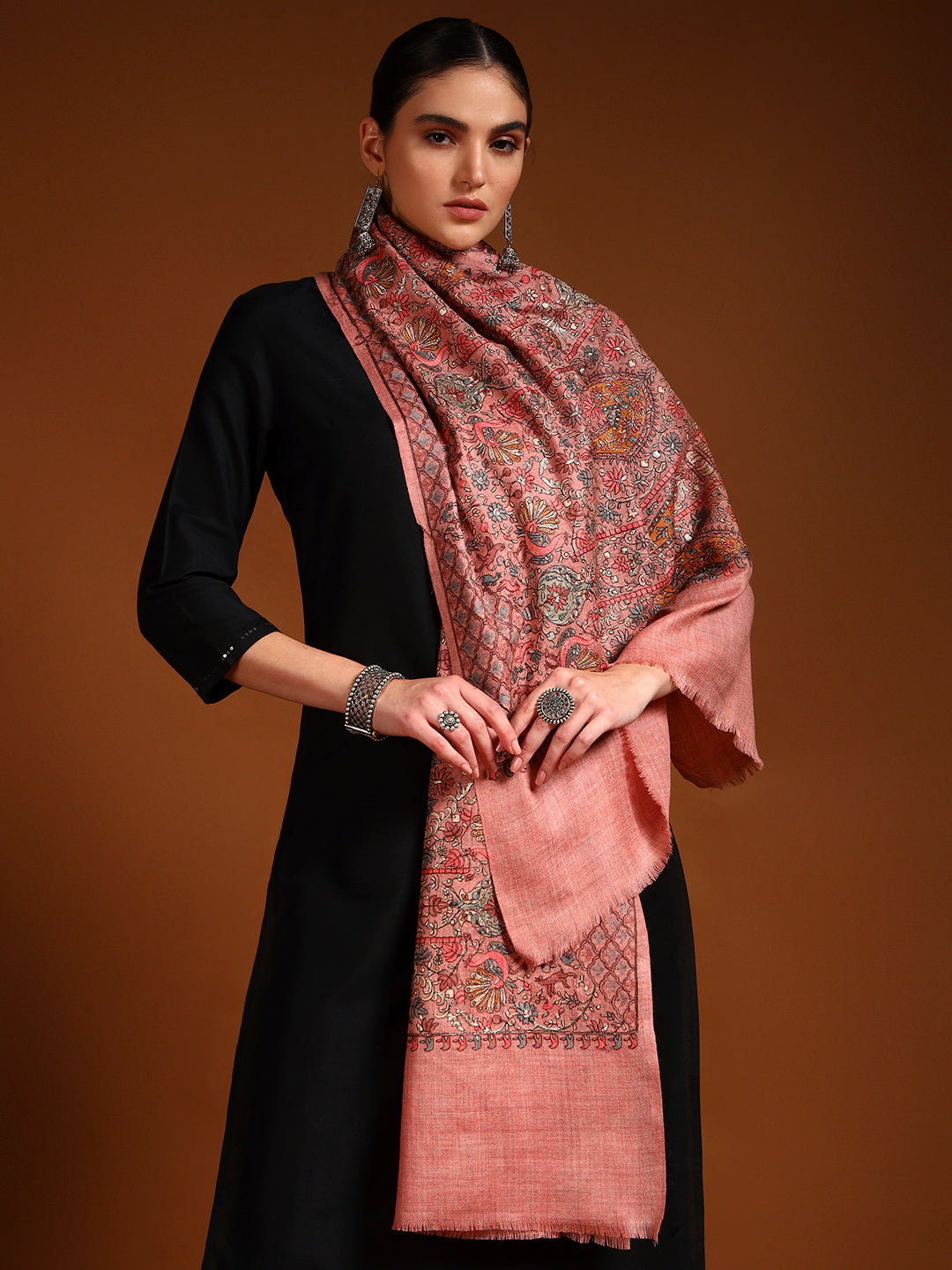 Pashmoda Women Nafeesah 100% Pure Wool Sozni Hand Embroidered Stole (Size-71x203cm)