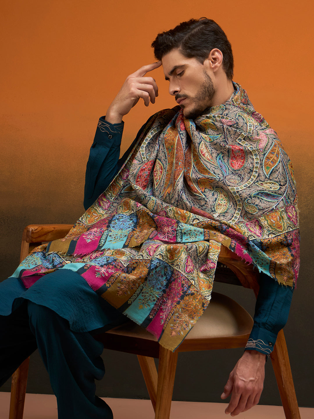 Men Chroma Royale Kalamkari Embroidered Shawl