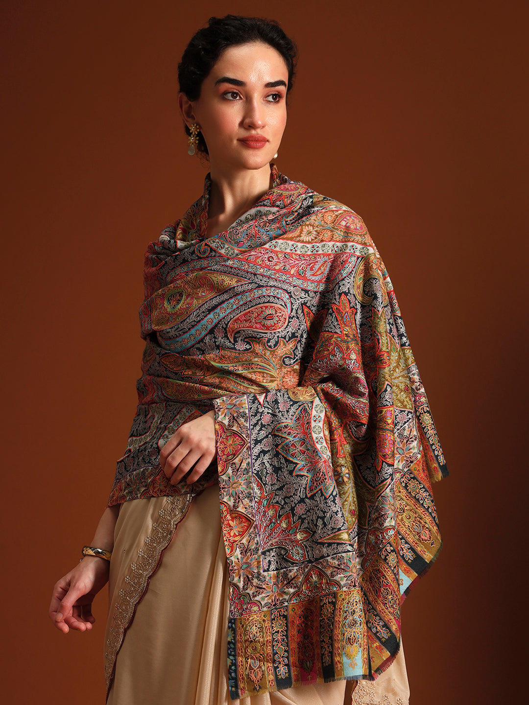 Women Stained Glass Fine Wool Fabric Kalamkari Embroidered Shawl,