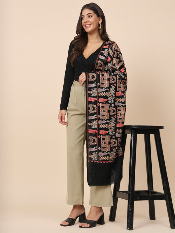 Women Dilkash 100% Pure Wool Embroidered Stole (Size 71X203 CM)