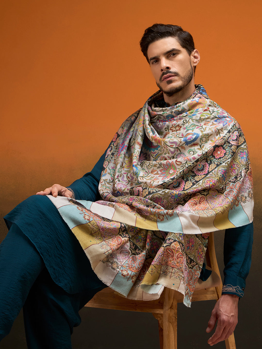 Men Twilight paisley Kalamkari Embroidered Shawl