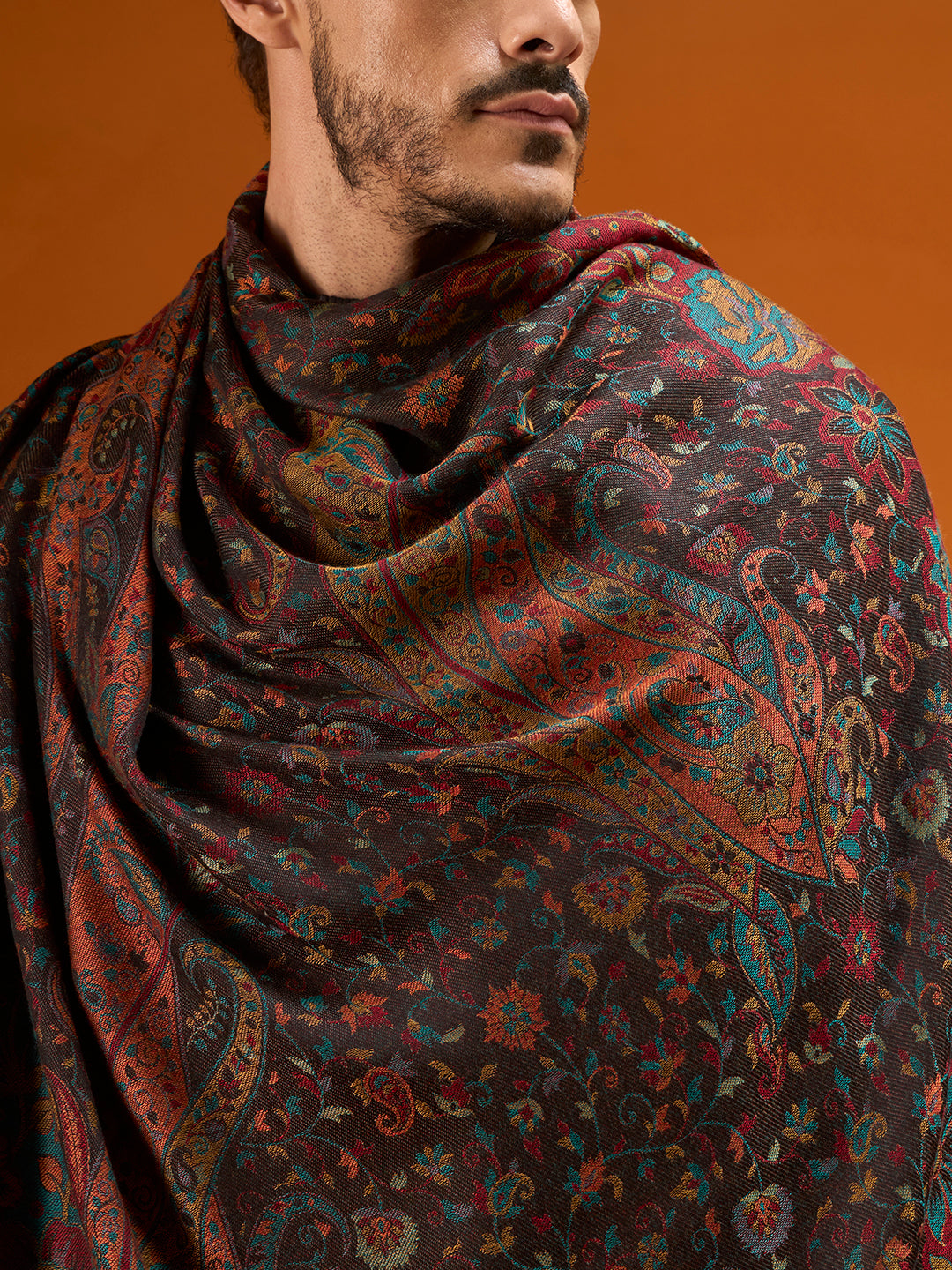 Pashmoda Men Grand Paisley Kaani Shawl, Authentic Kashmiri Pashmina Style Wrap, Medium Gents Lohi, Traditional Jamawar Woven Design, Gift Box Packed, Black Colour (40 x 80 Inches)