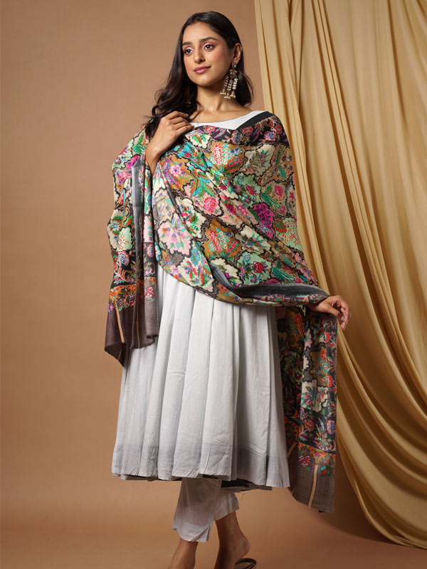 Women's Aarzoo 100% Pure Wool Kalamkari Hand Embroidered Shawl (Size: 101 X 203 Cms)