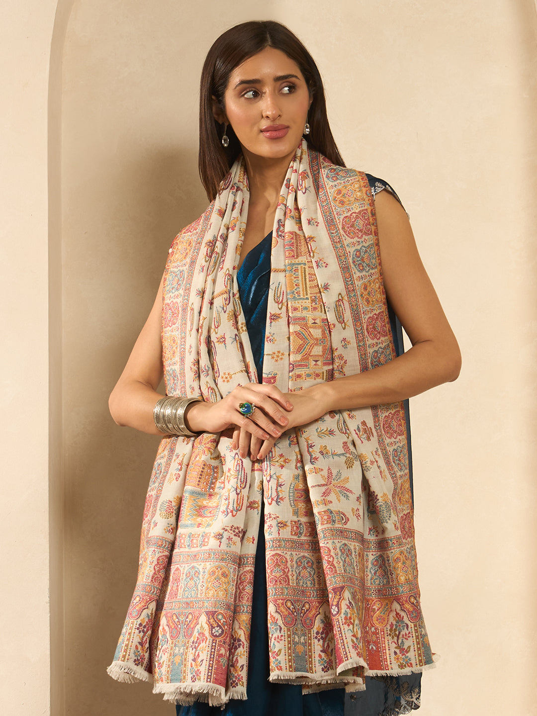 Pashmoda Women Gulrukh Zari Reversible Kaani Fine Wool Shawl, Shawl, Scarf, Heritage Kashmiri Pashmina Stole, Evening Wrap (Size 40X80 inches)