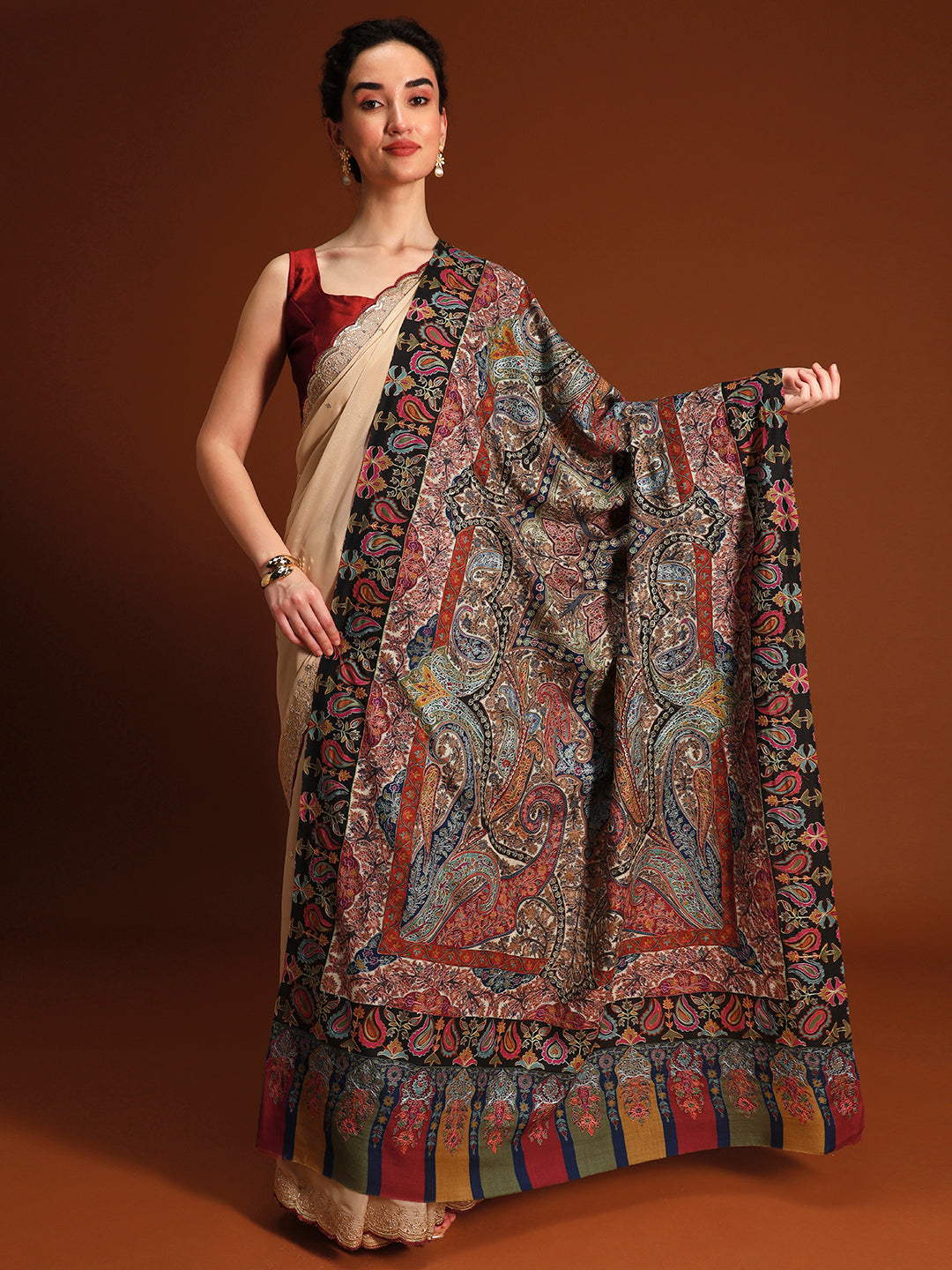 Women Rangrez Fine Wool Fabric Kalamkari Embroidered Shawl