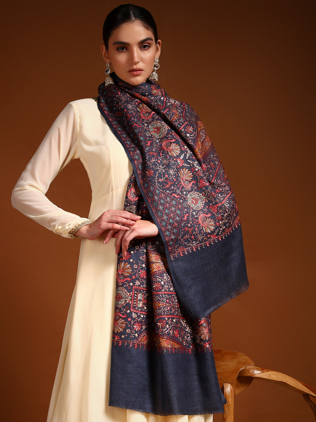 Pashmoda Women Nafeesah 100% Pure Wool Sozni Hand Embroidered Stole (Size-71x203cm)