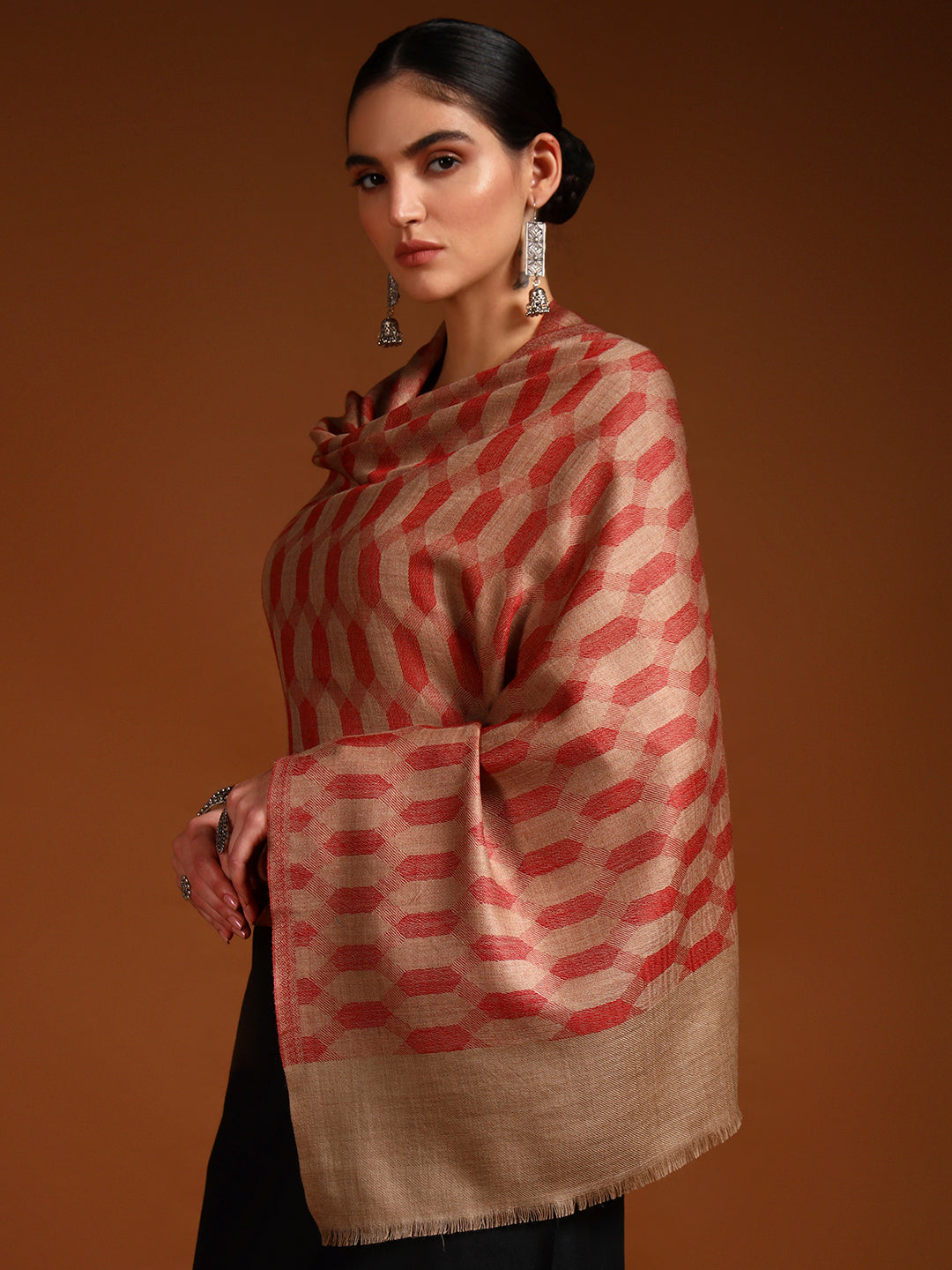 Women 100% Pure Wool Checkered Stole, Sustainable and Natural Fabric (Size 71x203 CM)