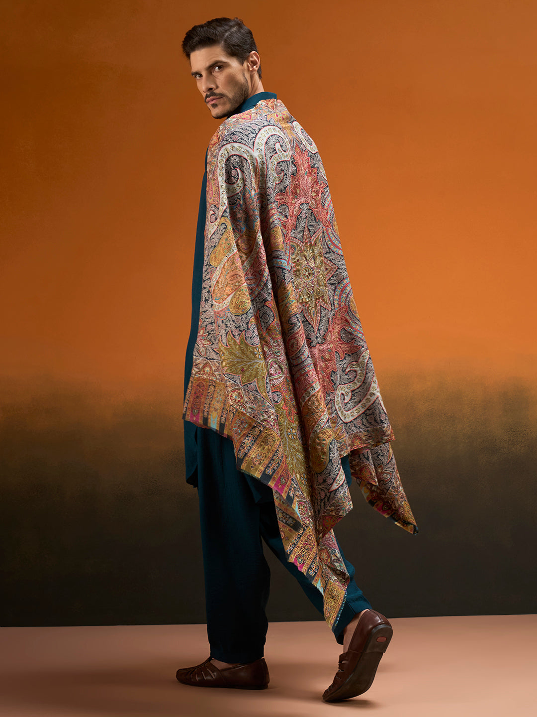 Men Stained Glass Fine Wool Kalamkari Embroidered Shawl