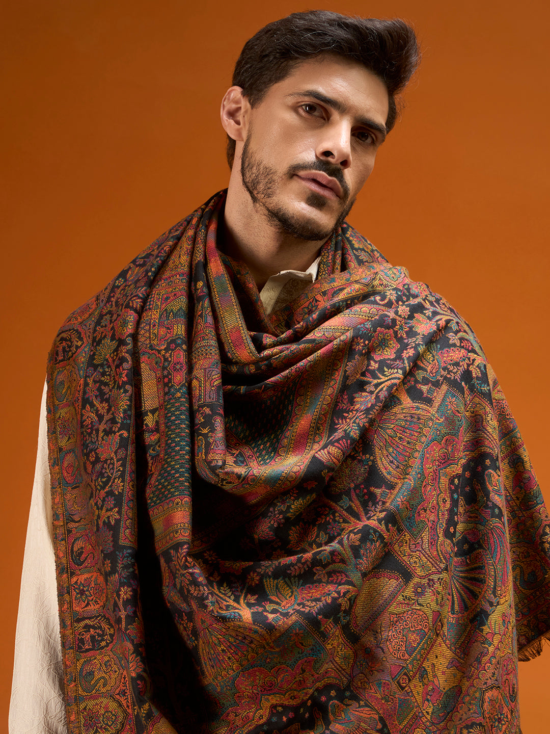 Pashmoda Men Shahi Manzar Fine Wool Kaani Shawl, Authentic Kashmiri Pashmina Style Wrap, Medium Gents Lohi, Traditional Jamawar Woven Design, Gift Box Packed, Black Colour (40 x 80 Inches)