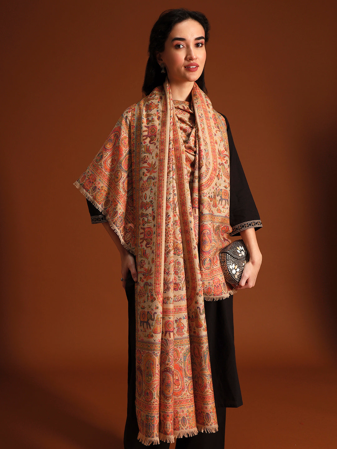 Pashmoda Women Orchard Kaani Wool Blend Kashmiri Shawl, Stole, Scarf | Luxury Pashmina Jamawar Soft Warm Evening Wrap (Size 40X80 inches )