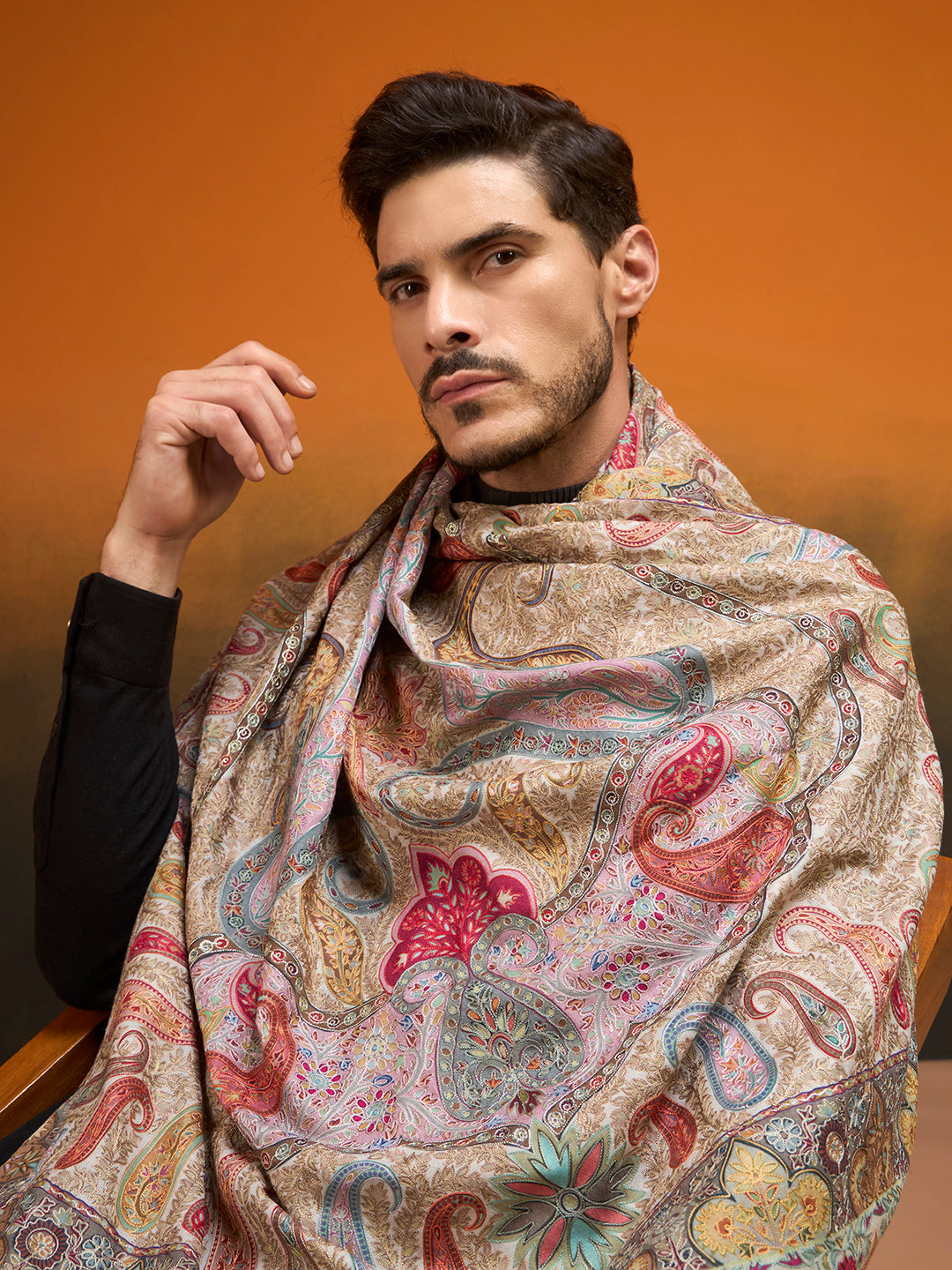 Men Paisley Promenade Fine Wool Kalamkari Embroidered Shawl