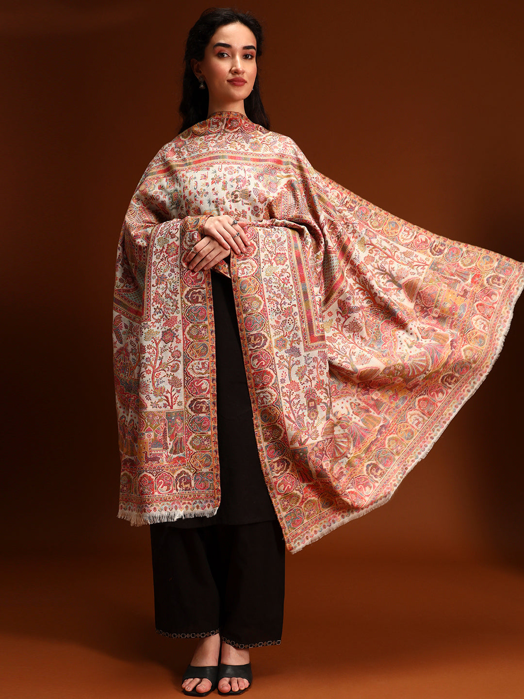 Pashmoda Women Shahi Manzar Kaani Wool Blend Kashmiri Shawl, Stole, Scarf | Luxury Pashmina Jamawar Soft Warm Evening Wrap (Size 40X80 inches )