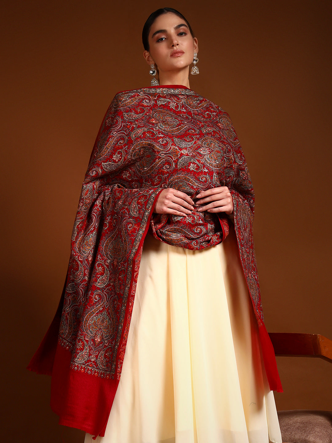 Pashmoda Women Rehnan 100% Pure Wool Sozni Hand Embroidered Shawl (Size: 101x203 Cm)