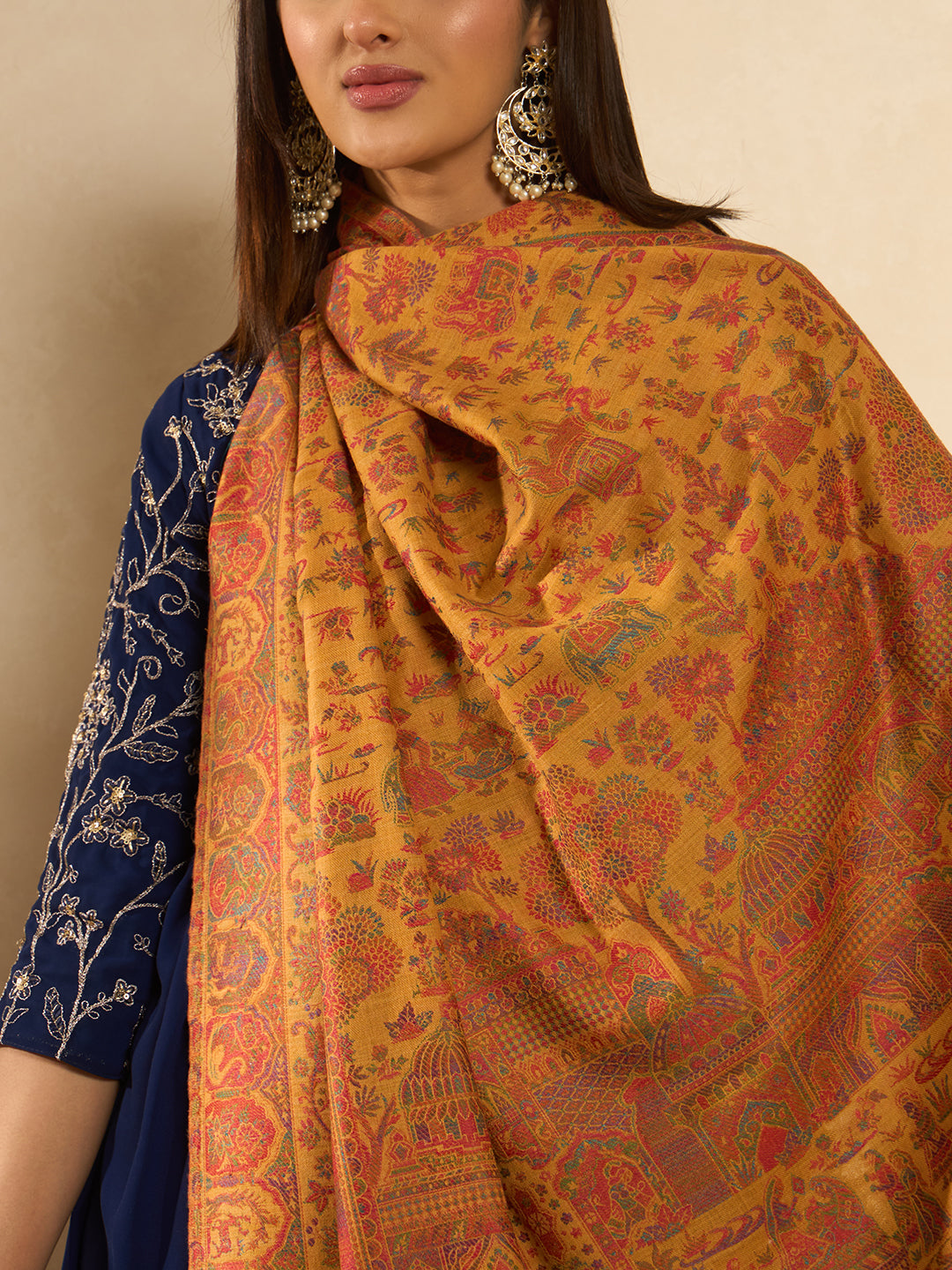 Pashmoda Women Shahi Manzar Kaani Wool Blend Kashmiri Shawl, Stole, Scarf | Luxury Pashmina Jamawar Soft Warm Evening Wrap (Size 40X80 inches )