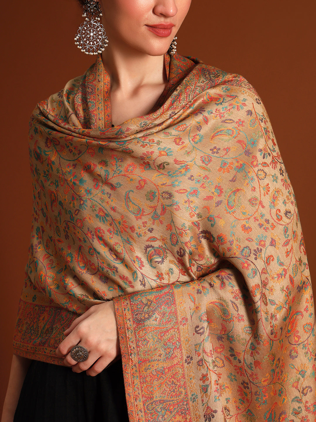 Pashmoda Imperial Royal botanica Stole for Women, Wool Blend Pashmina Style Shawl Wrap, Traditional Kashmiri Jamawar Woven Design, Luxury Evening & Festive Scarf (28 x 80 Inches)