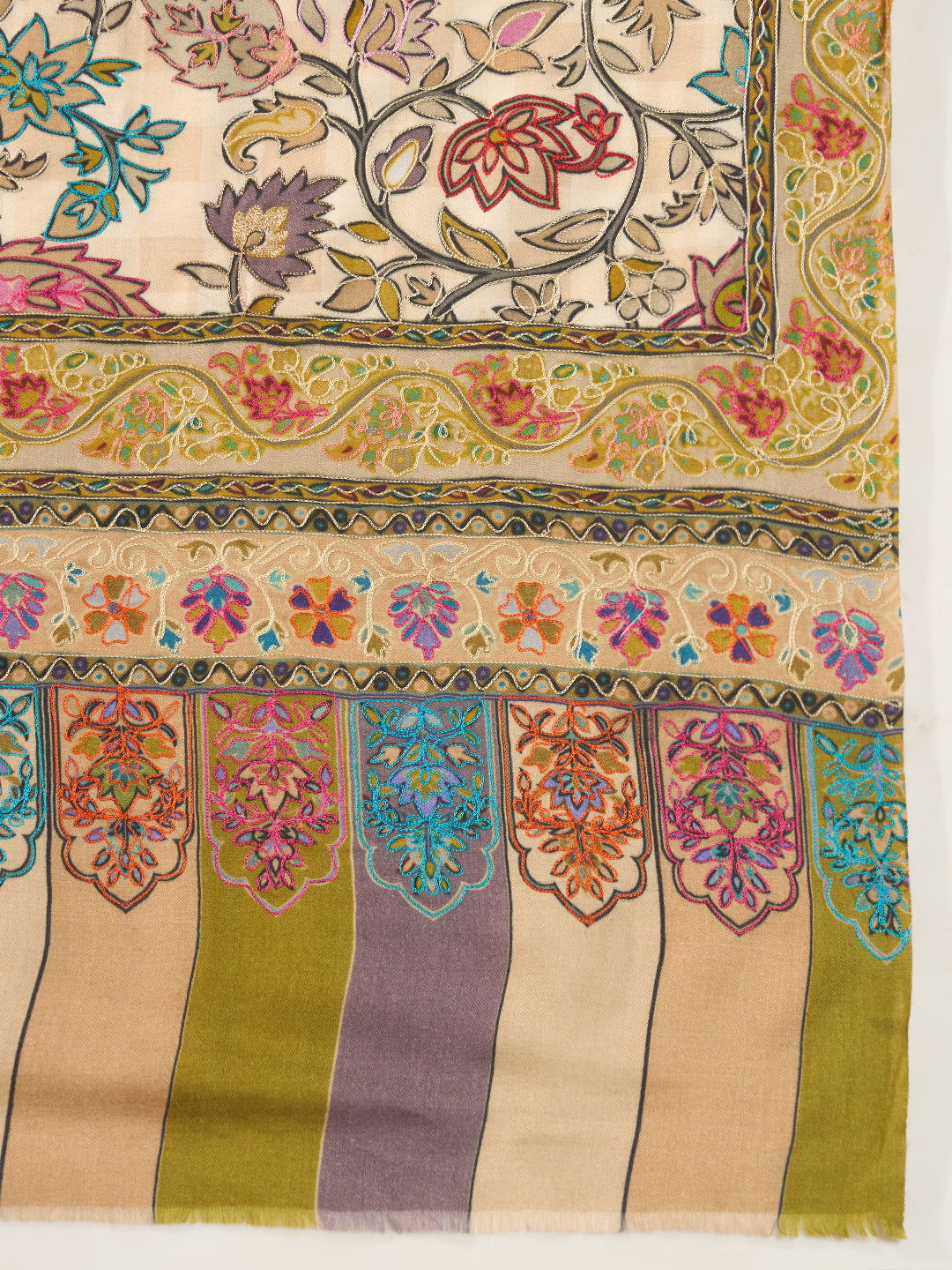 Women Nazakat Fine Wool Fabric Kalamkari Embroidered Shawl,