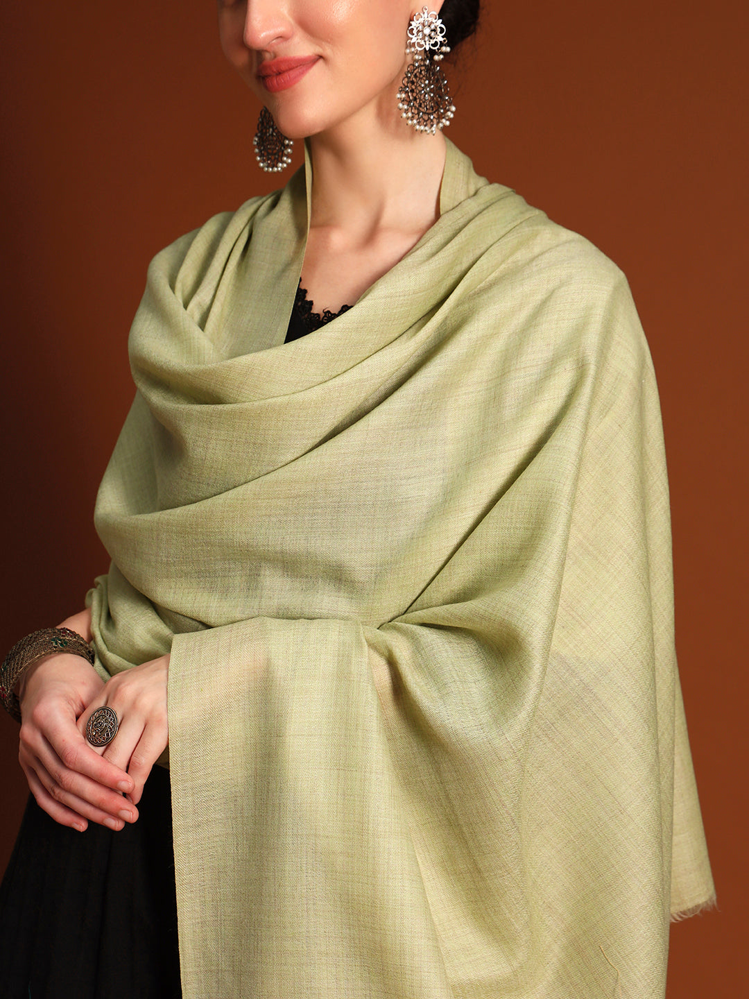 Women Verdant Grace Fine Wool Blend Solid Melange Shawl