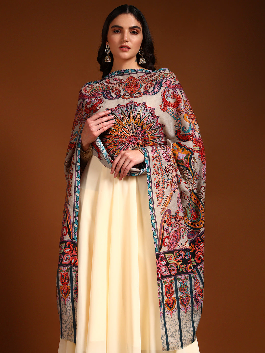 Pashmoda Women Saahtaar 100% Pure Wool Fabric Kalamkari Embroidered Stole (Size: 71x203 cm)