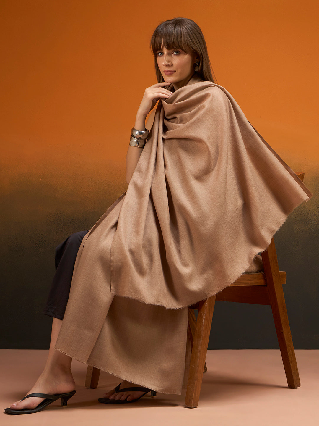 Women Verdant Grace Fine Wool Blend Solid Melange Shawl