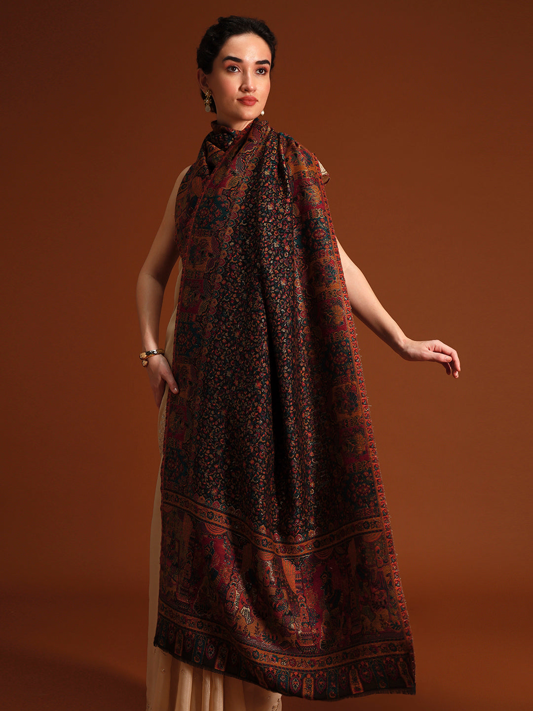 Pashmoda Imperial Autumn Canopy kaani stole Stole for Women, Wool Blend Pashmina Style Shawl Wrap, Traditional Kashmiri Jamawar Woven Design, Luxury Evening & Festive Scarf (28 x 80 Inches)