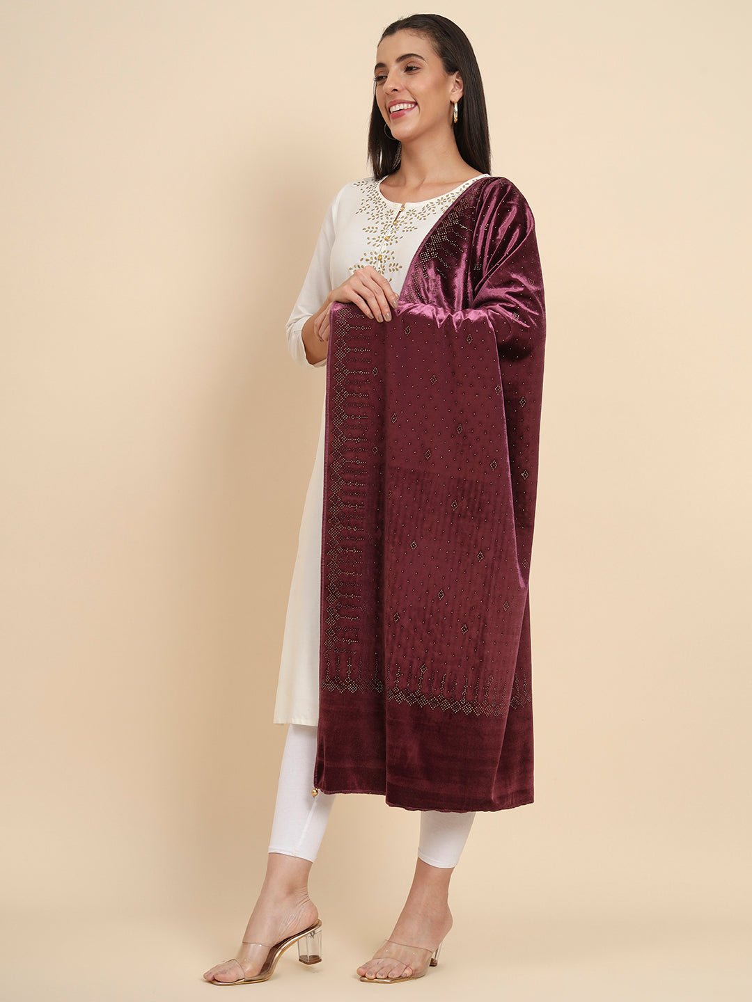 Women’s Makhamli Velvet Crystal Embellished Stole (Size 71X203 cms )