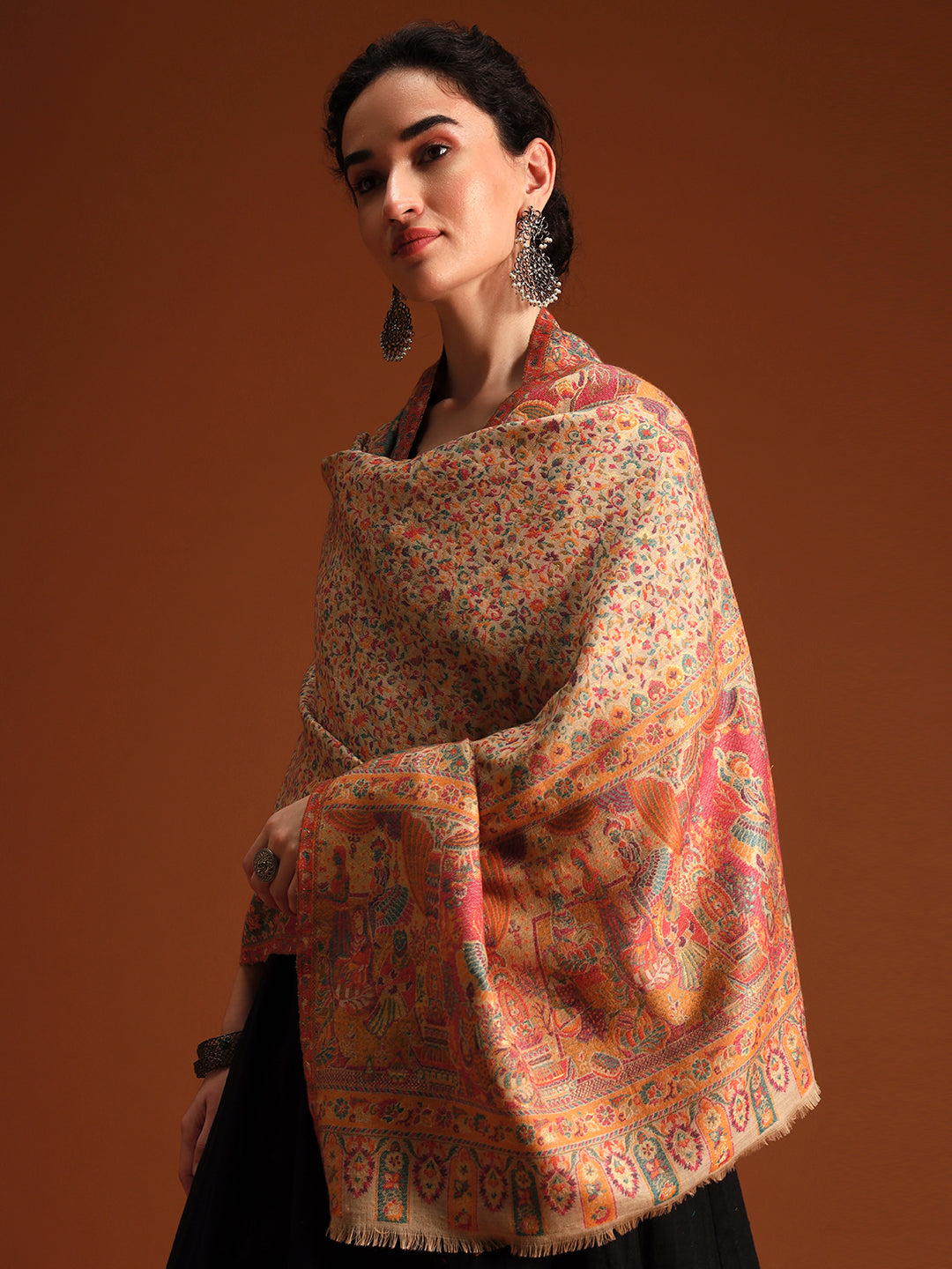 Pashmoda Imperial Persian Court kaani stole Stole for Women, Wool Blend Pashmina Style Shawl Wrap, Traditional Kashmiri Jamawar Woven Design, Luxury Evening & Festive Scarf (28 x 80 Inches)