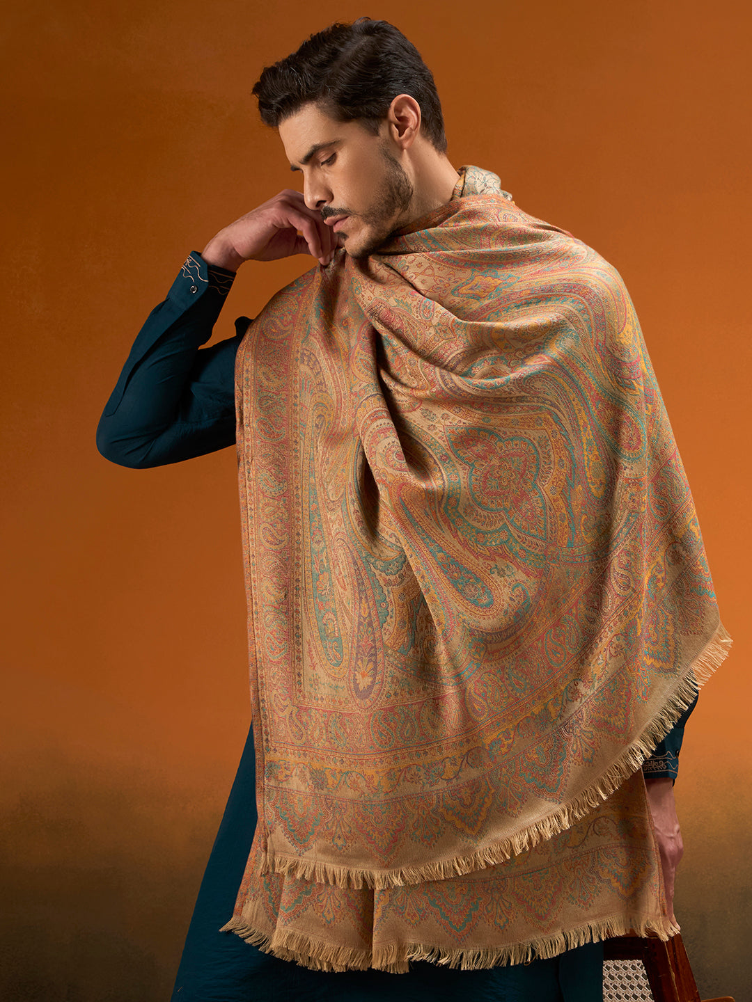 Pashmoda Men Grand Paisley Kaani Shawl, Authentic Kashmiri Pashmina Style Wrap, Medium Gents Lohi, Traditional Jamawar Woven Design, Gift Box Packed, Beige Colour (40 x 80 Inches)