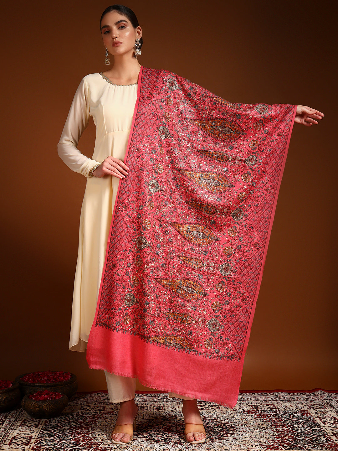 Pashmoda Women Nafeesah 100% Pure Wool Sozni Hand Embroidered Stole (Size-71x203cm)