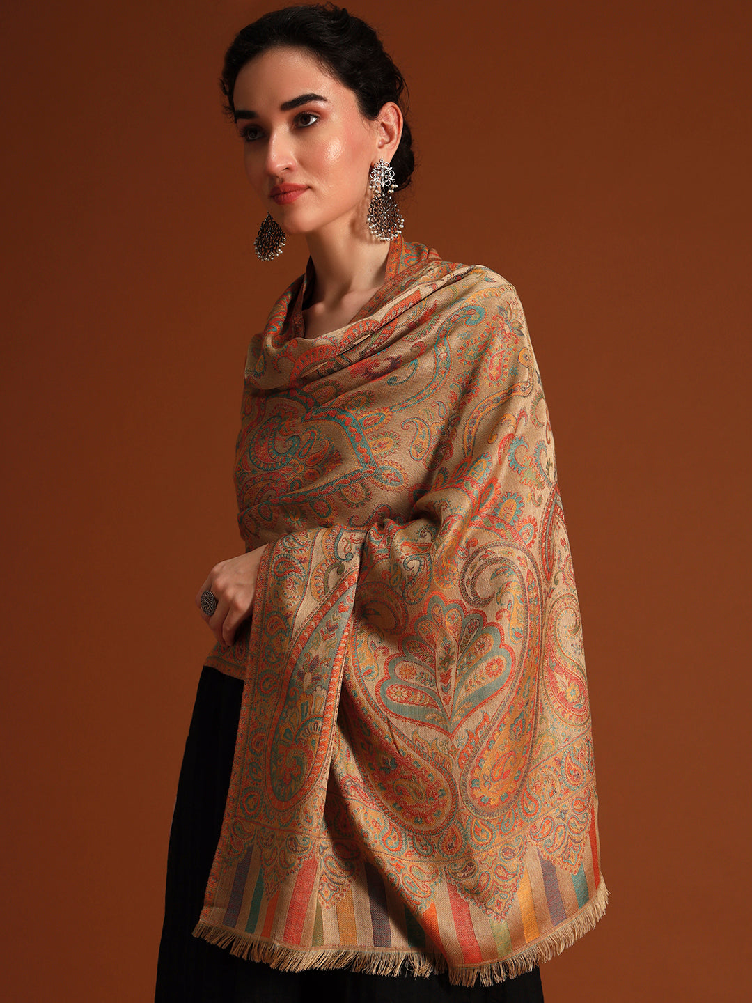 Pashmoda Imperial Ambi Kaani Stole for Women, Wool Blend Pashmina Style Shawl Wrap, Traditional Kashmiri Jamawar Woven Design, Luxury Evening & Festive Scarf (28 x 80 Inches)