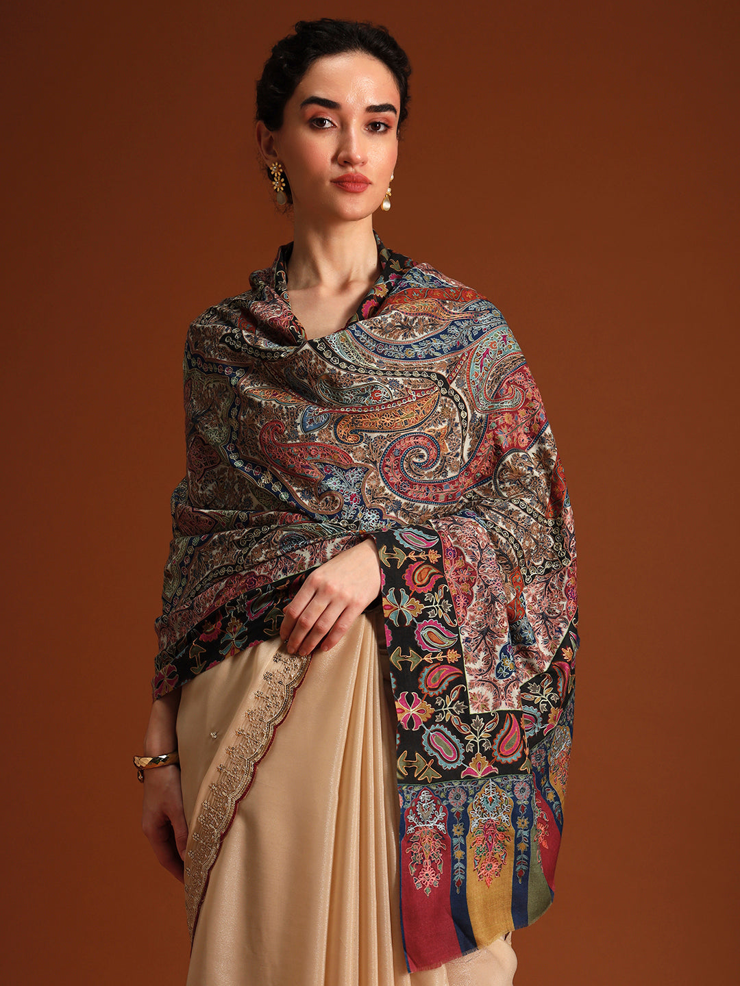 Women Rangrez Fine Wool Fabric Kalamkari Embroidered Shawl