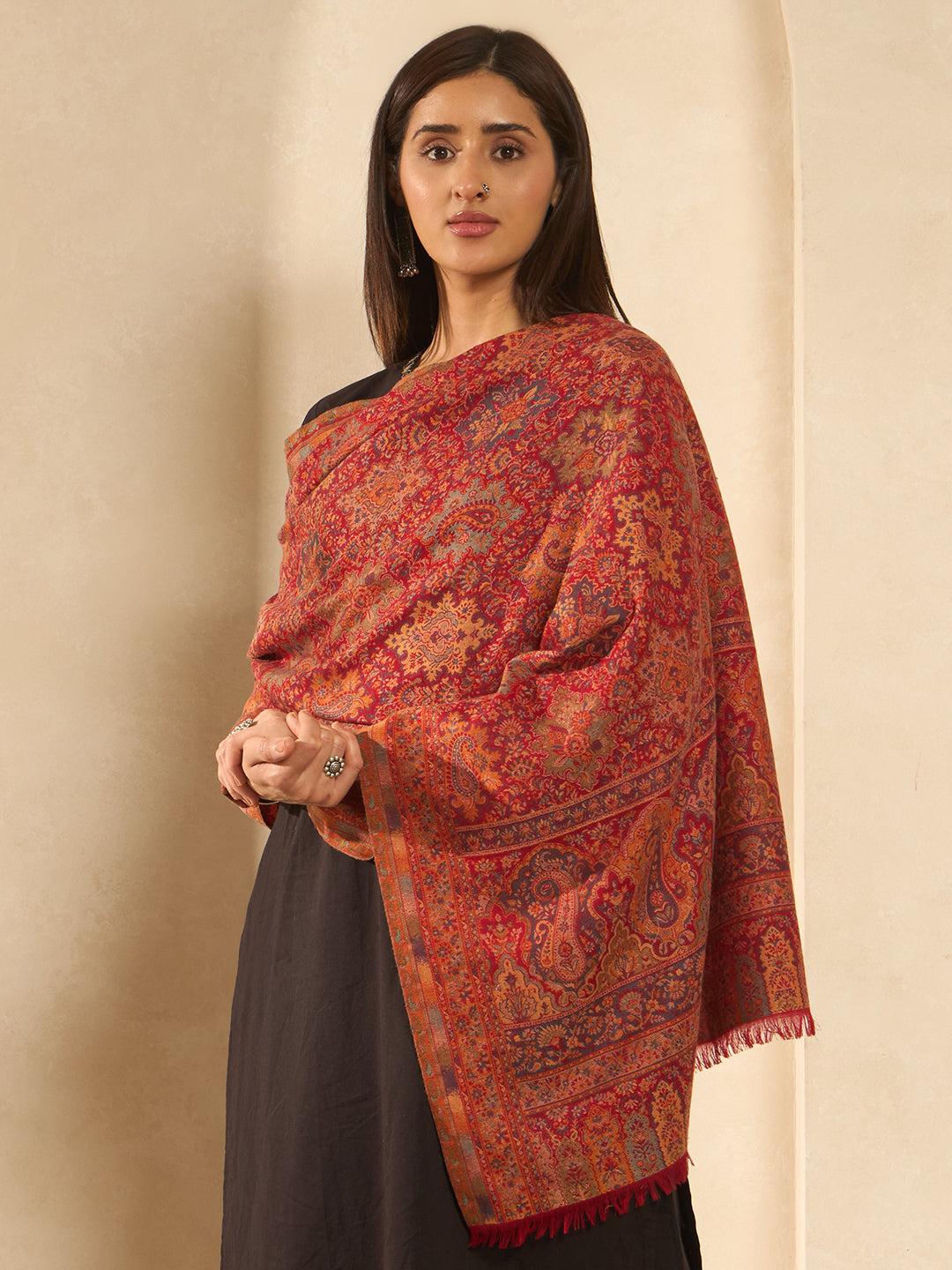 Pashmoda Imperial Shahkaar Gulistan kaani stole Stole for Women, Wool Blend Pashmina Style Shawl Wrap, Traditional Kashmiri Jamawar Woven Design, Luxury Evening & Festive Scarf (28 x 80 Inches)