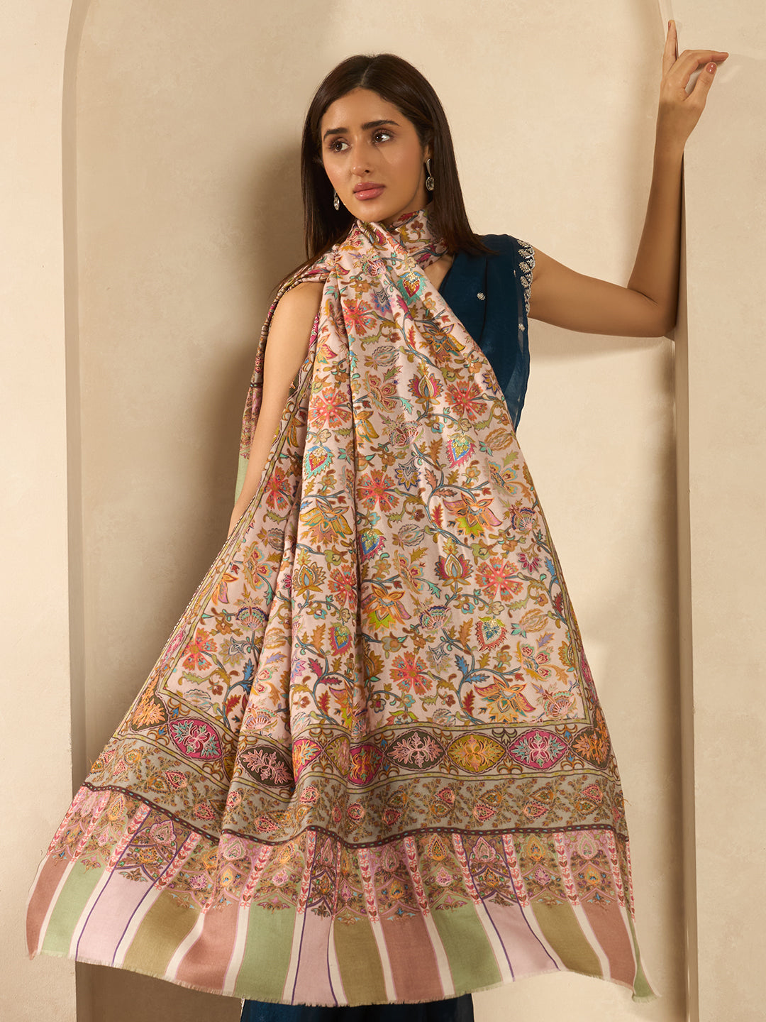 Women Firdaus Fine Wool Fabric Kalamkari Embroidered Shawl