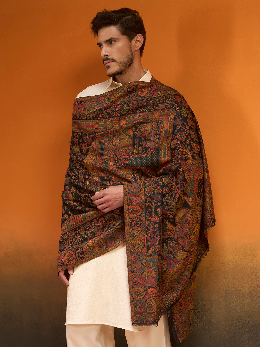Pashmoda Men Shahi Manzar Fine Wool Kaani Shawl, Authentic Kashmiri Pashmina Style Wrap, Medium Gents Lohi, Traditional Jamawar Woven Design, Gift Box Packed, Black Colour (40 x 80 Inches)