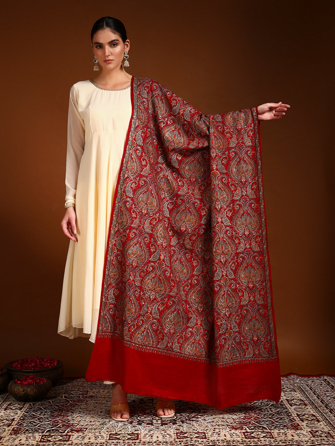 Pashmoda Women Rehnan 100% Pure Wool Sozni Hand Embroidered Shawl (Size: 101x203 Cm)