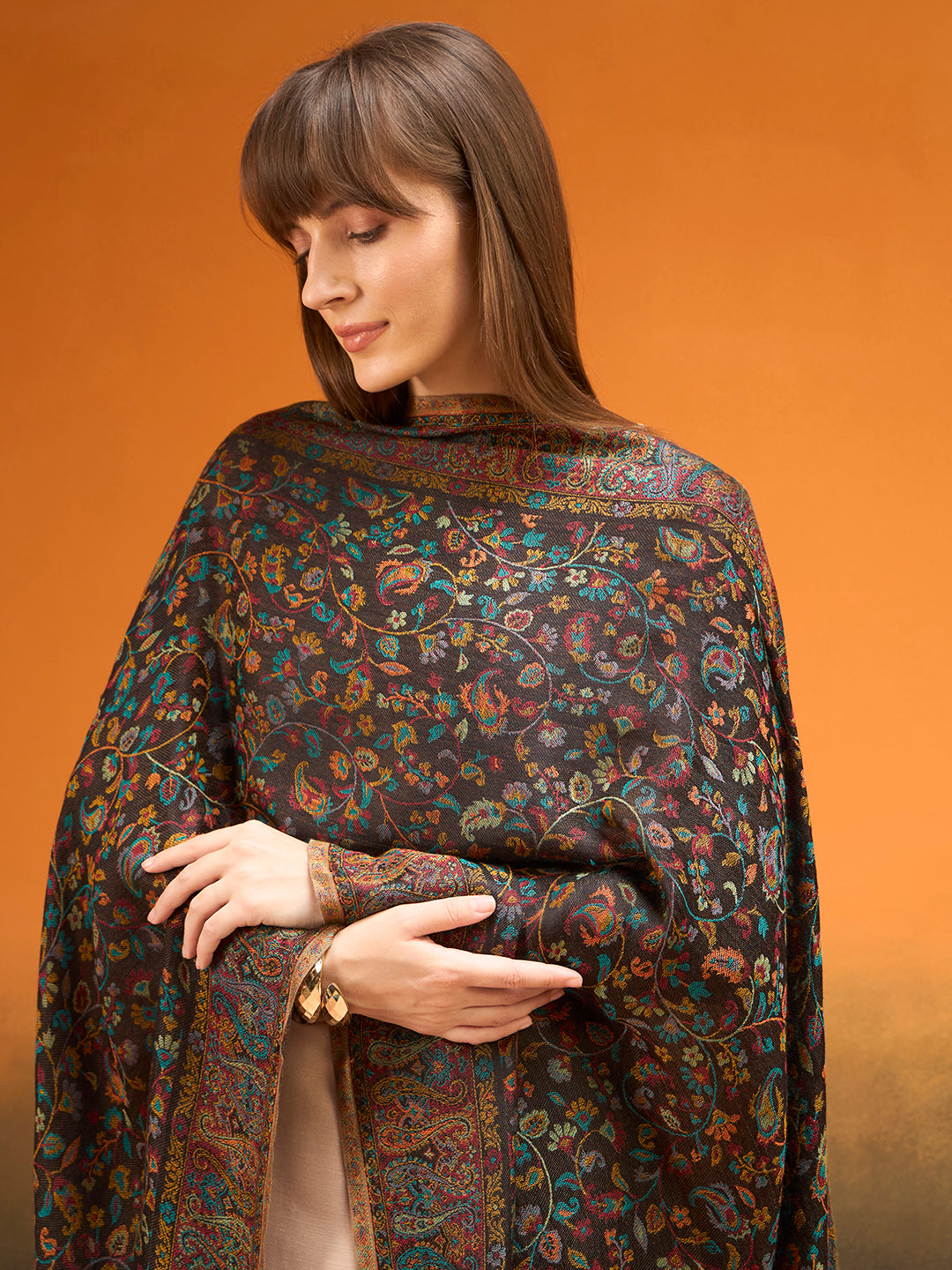 Pashmoda Imperial Royal botanica Stole for Women, Wool Blend Pashmina Style Shawl Wrap, Traditional Kashmiri Jamawar Woven Design, Luxury Evening & Festive Scarf (28 x 80 Inches)